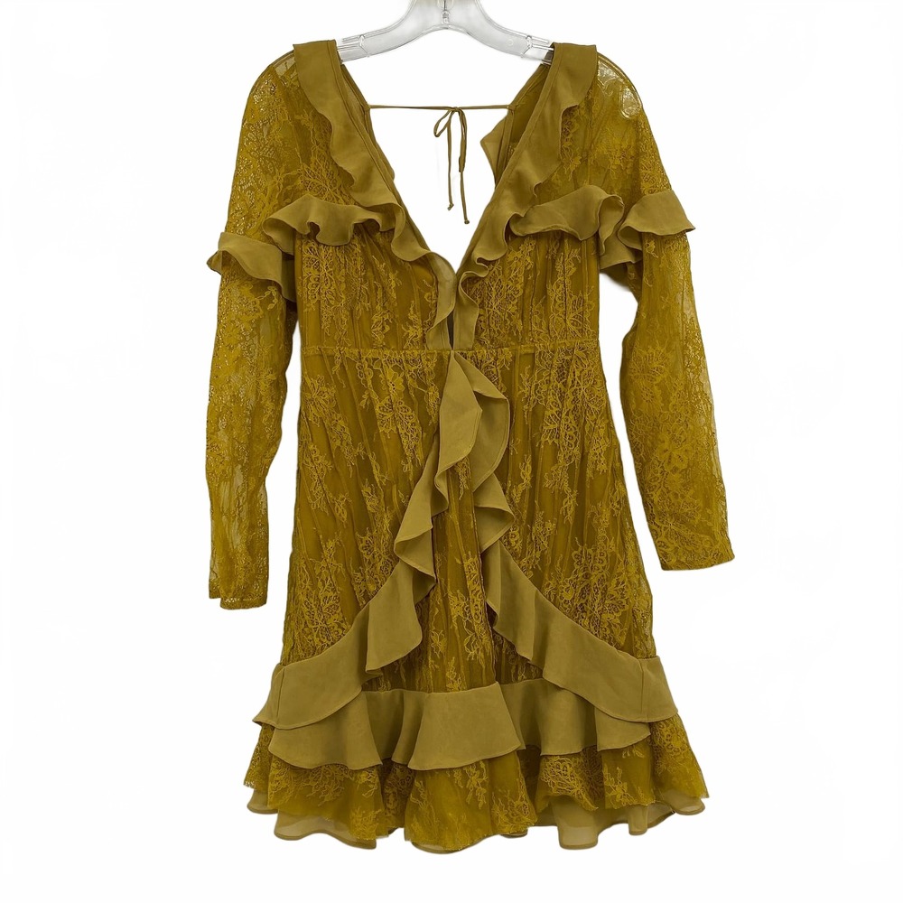For Love And Lemons Chartreuse Lace Ruffle Mini Dress | Women’s M